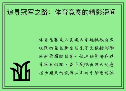 追寻冠军之路：体育竞赛的精彩瞬间